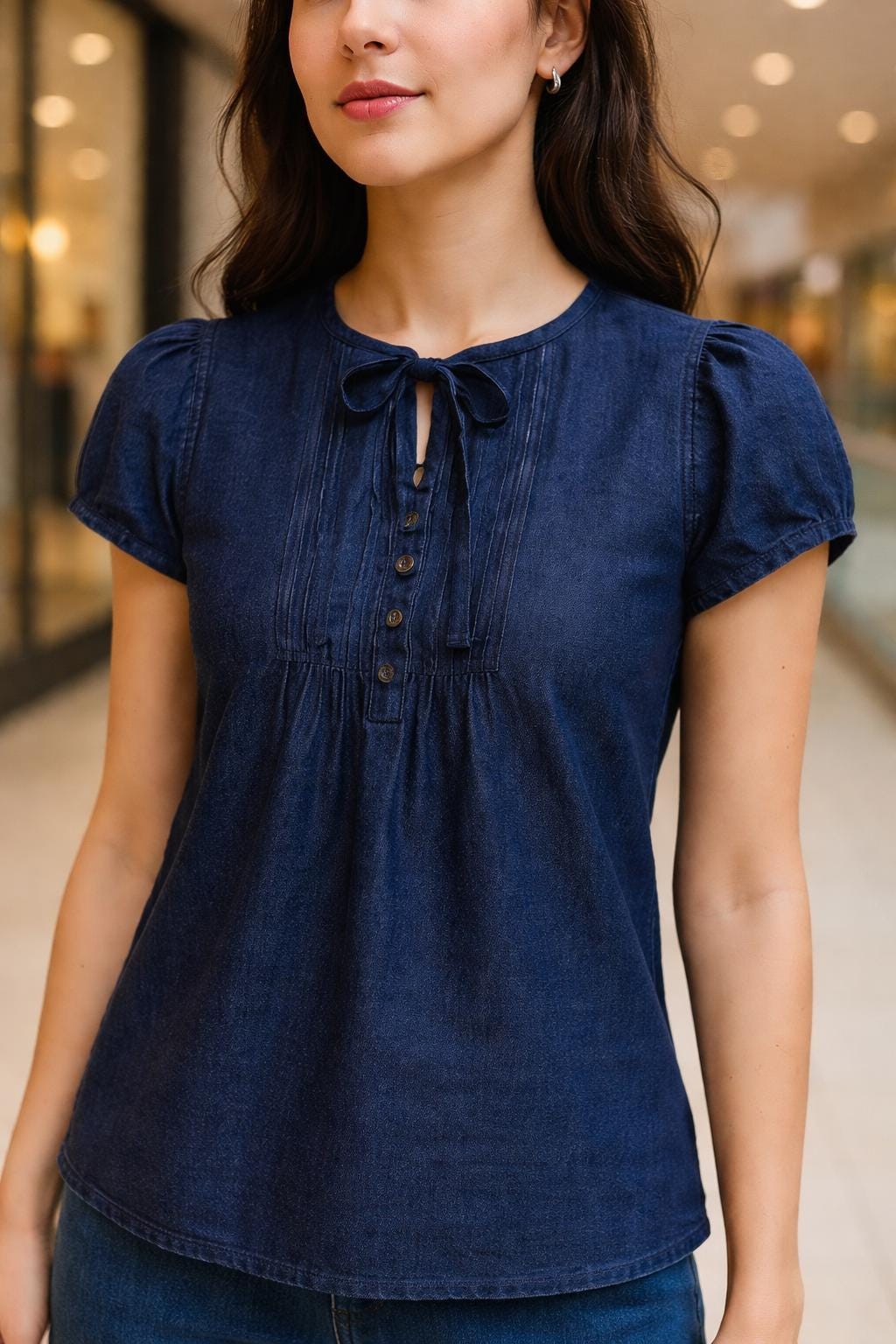 Classic Indigo Denim Co-Ord Set | Soft Puff-Sleeve Top & Wide-Leg Pants