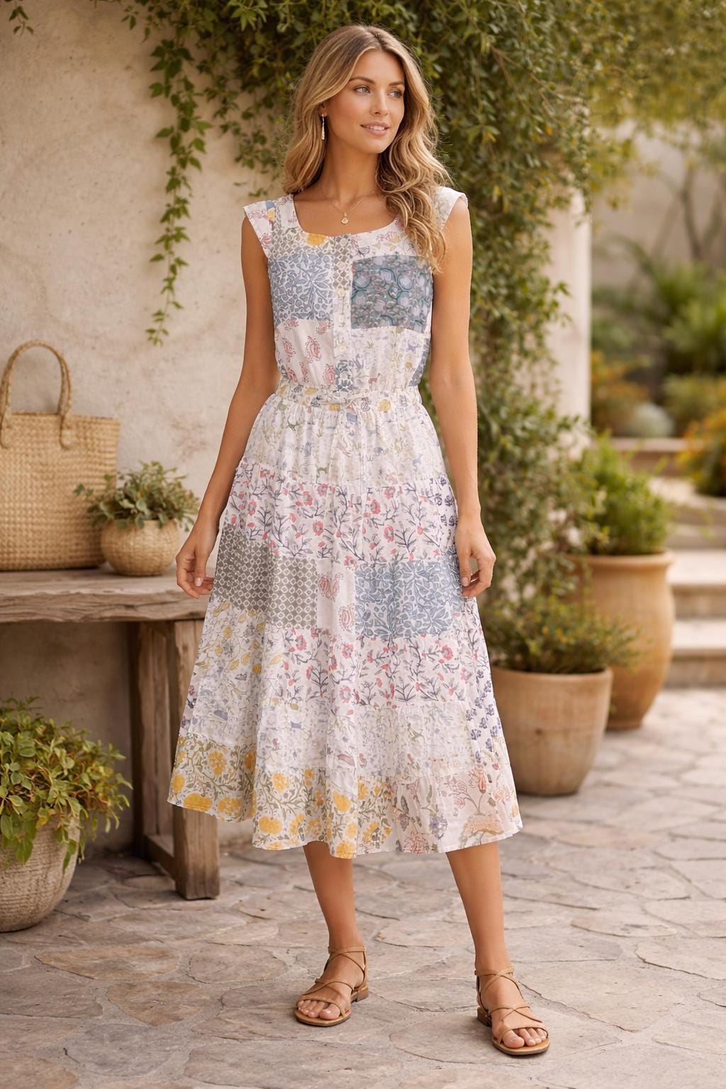 Patchwork Skirt & Top Set | Cotton Midi Skirt with Sleeveless Blouse