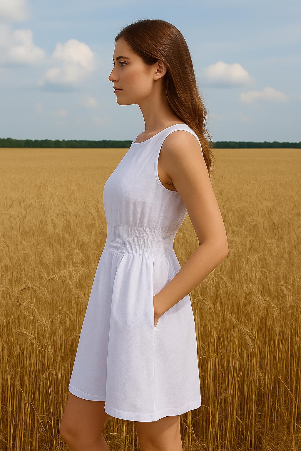 Women’s Linen One-Piece Dress – Relaxed Fit with Elastic Waist & Side Pockets
