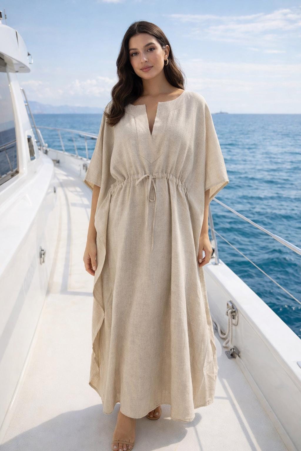 Natural Linen Kaftan Dress – Soft Earth-Tone Maxi with Pockets