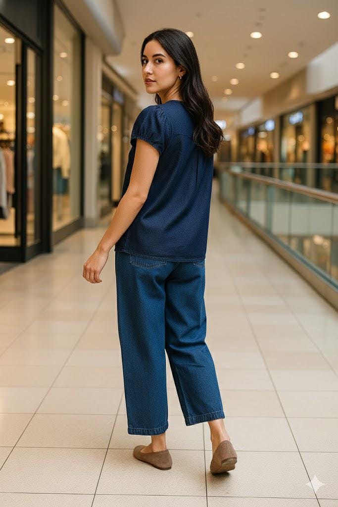 Classic Indigo Denim Co-Ord Set | Soft Puff-Sleeve Top & Wide-Leg Pants
