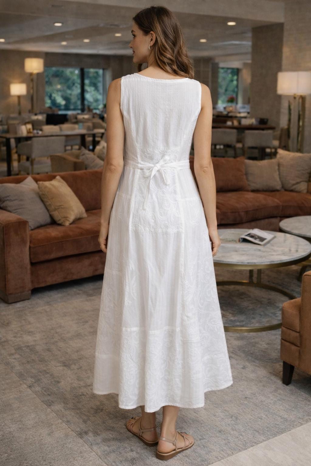 Ivory Whisper – White Cotton Patchwork Midi Dress with Pockets | Sleeveless Button-Down Summer Dress