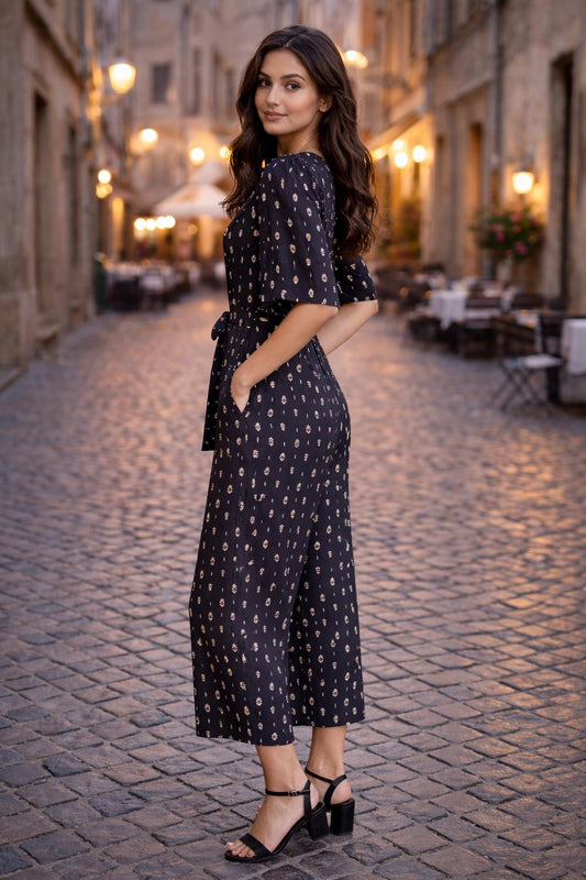 Black Floral Rayon Romper Dress | Wide Leg Jumpsuit | V-Neck Belted One Piece