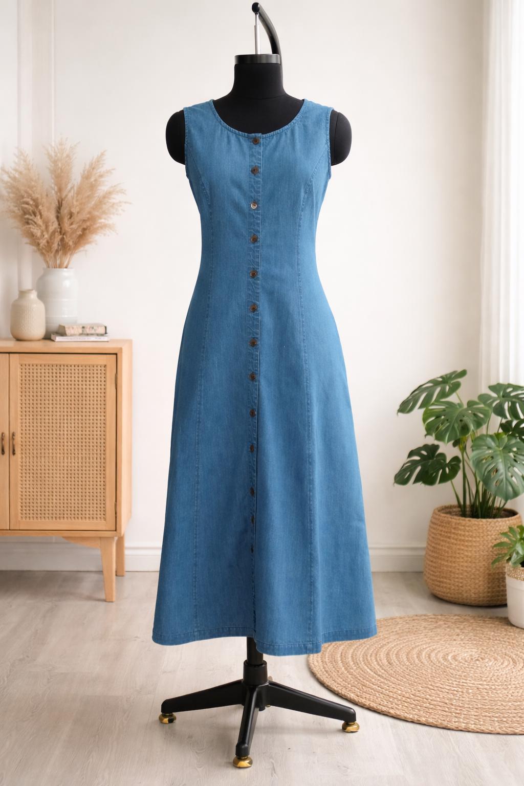 Classic Blue Denim Midi Dress | Sleeveless Button Front Everyday Dress