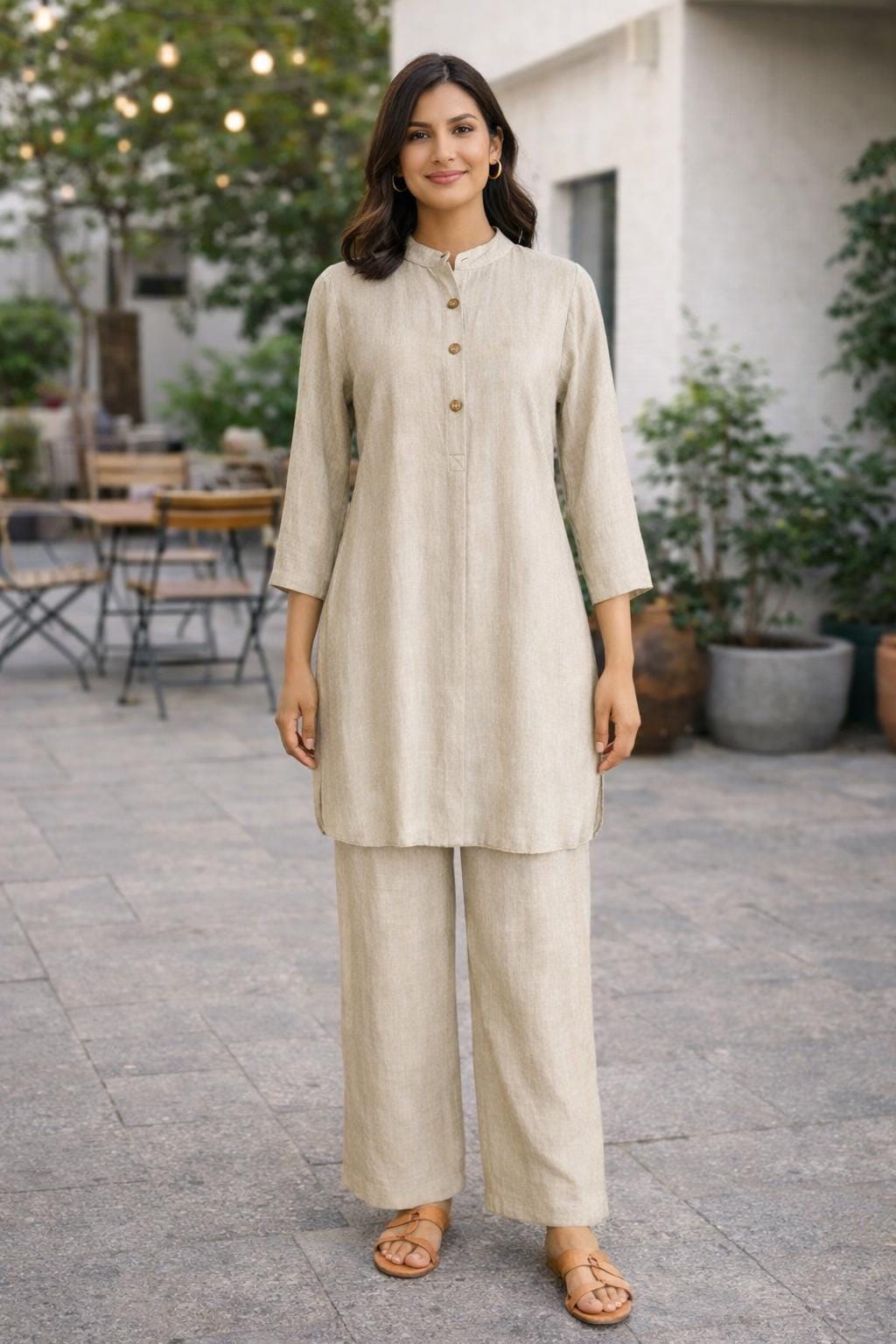 Natural Linen Co-Ord Set with Pockets – Linen Tunic & Wide Pants – Elegant Comfortable