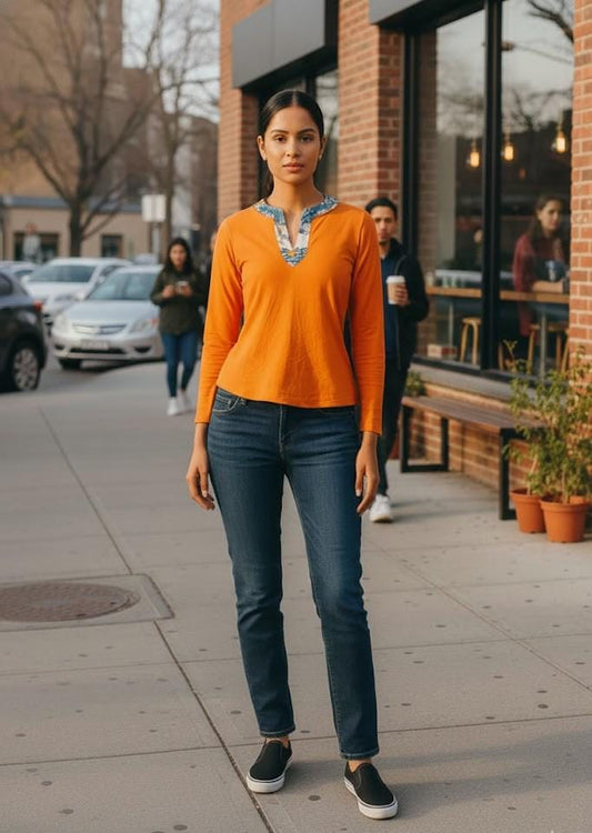 Burnt Orange Full Sleeve Hosiery Top with Ethnic Print Neckline
