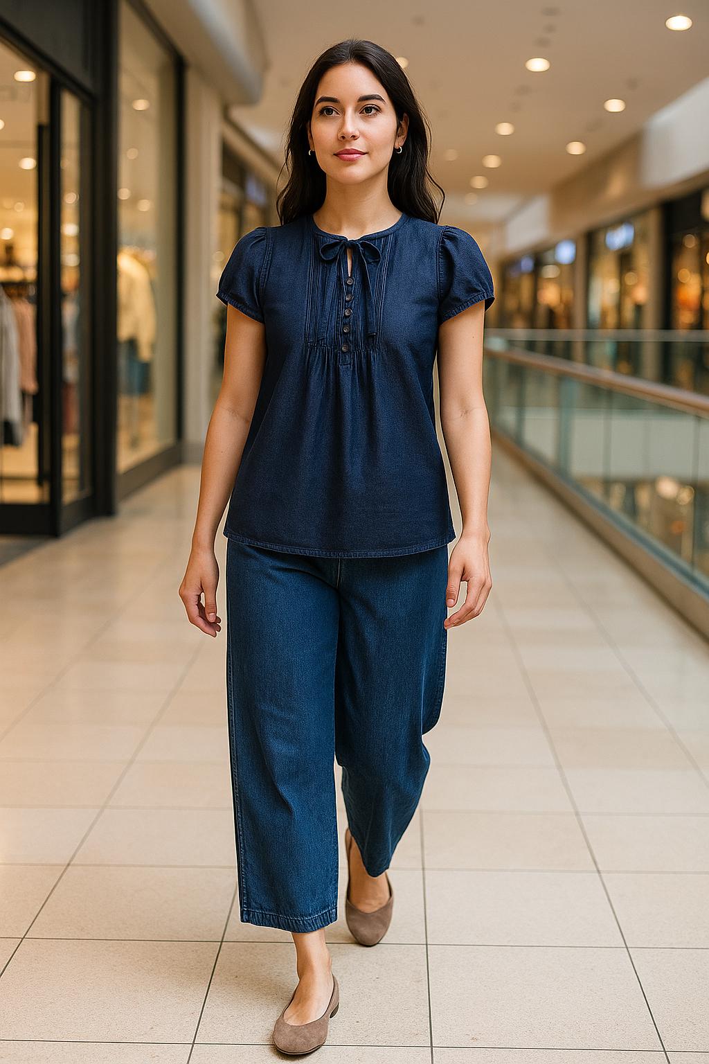 Classic Indigo Denim Co-Ord Set | Soft Puff-Sleeve Top & Wide-Leg Pants