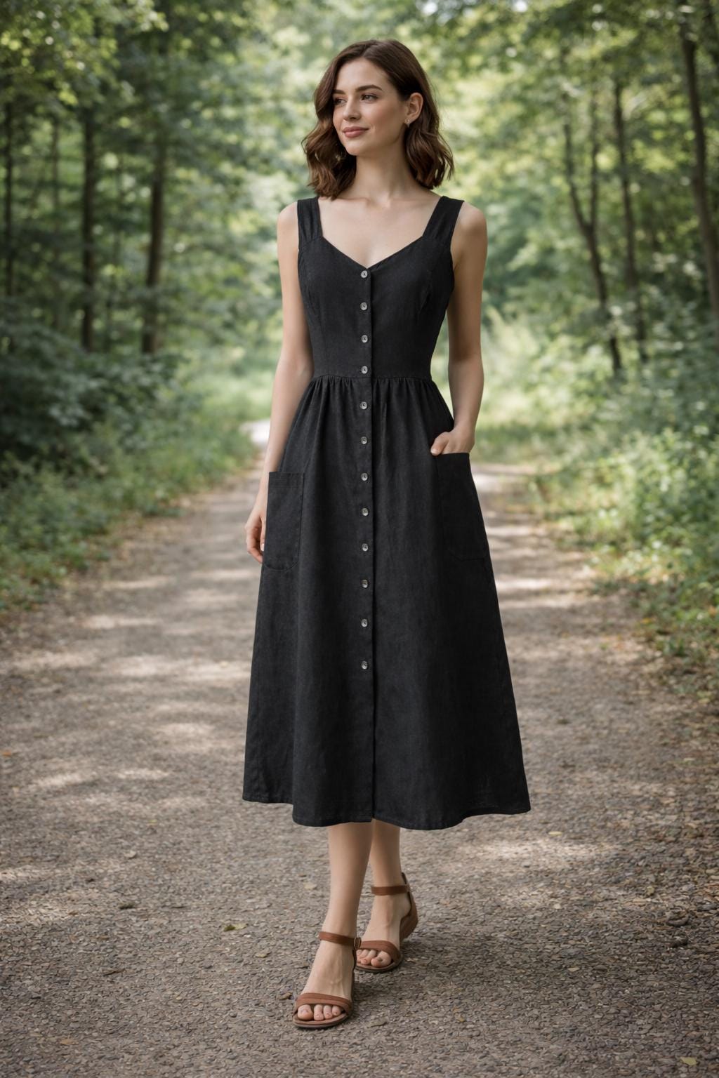 Linen Midi Dress with Pockets – Timeless Button-Front Everyday Outfit