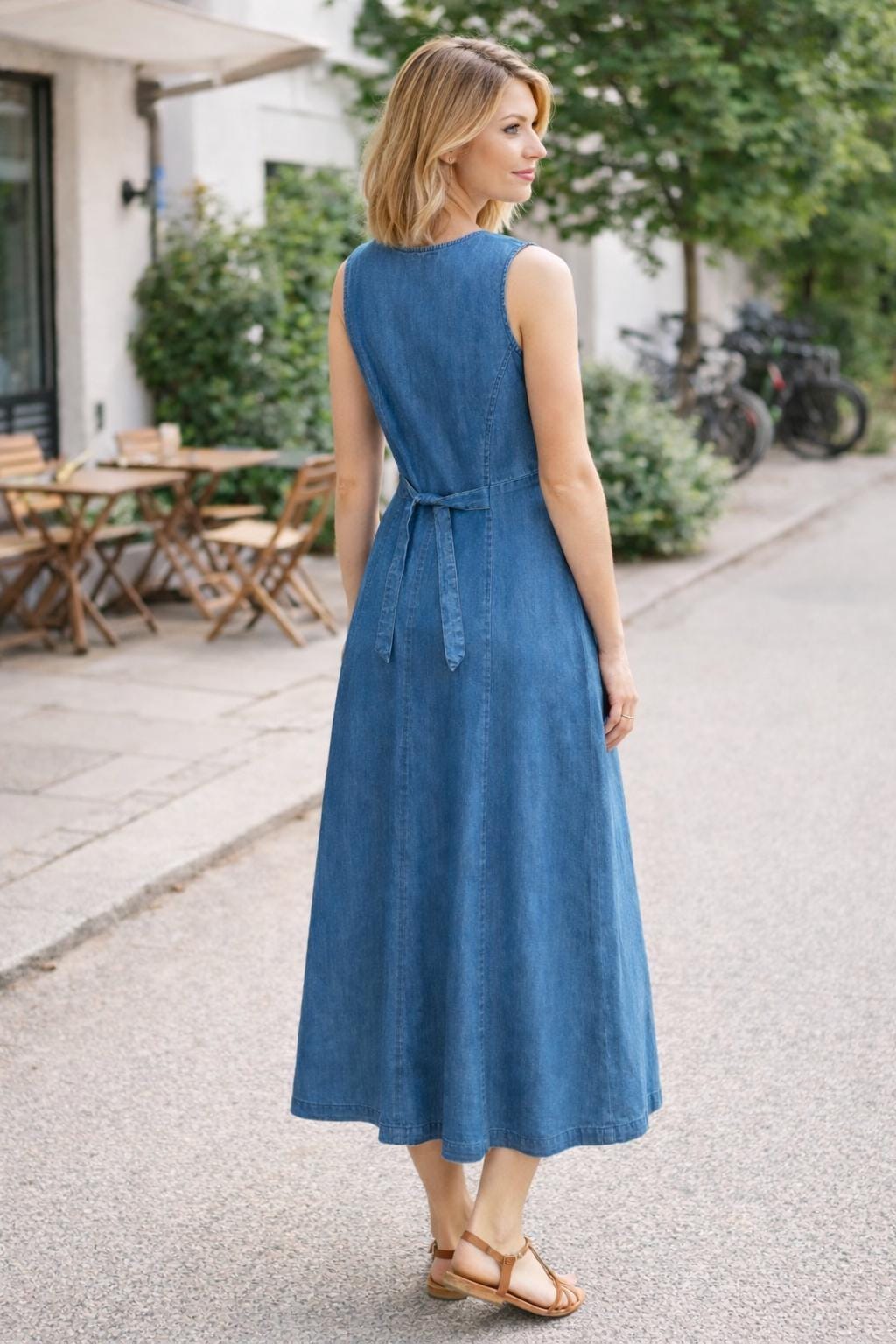 Classic Blue Denim Midi Dress | Sleeveless Button Front Everyday Dress