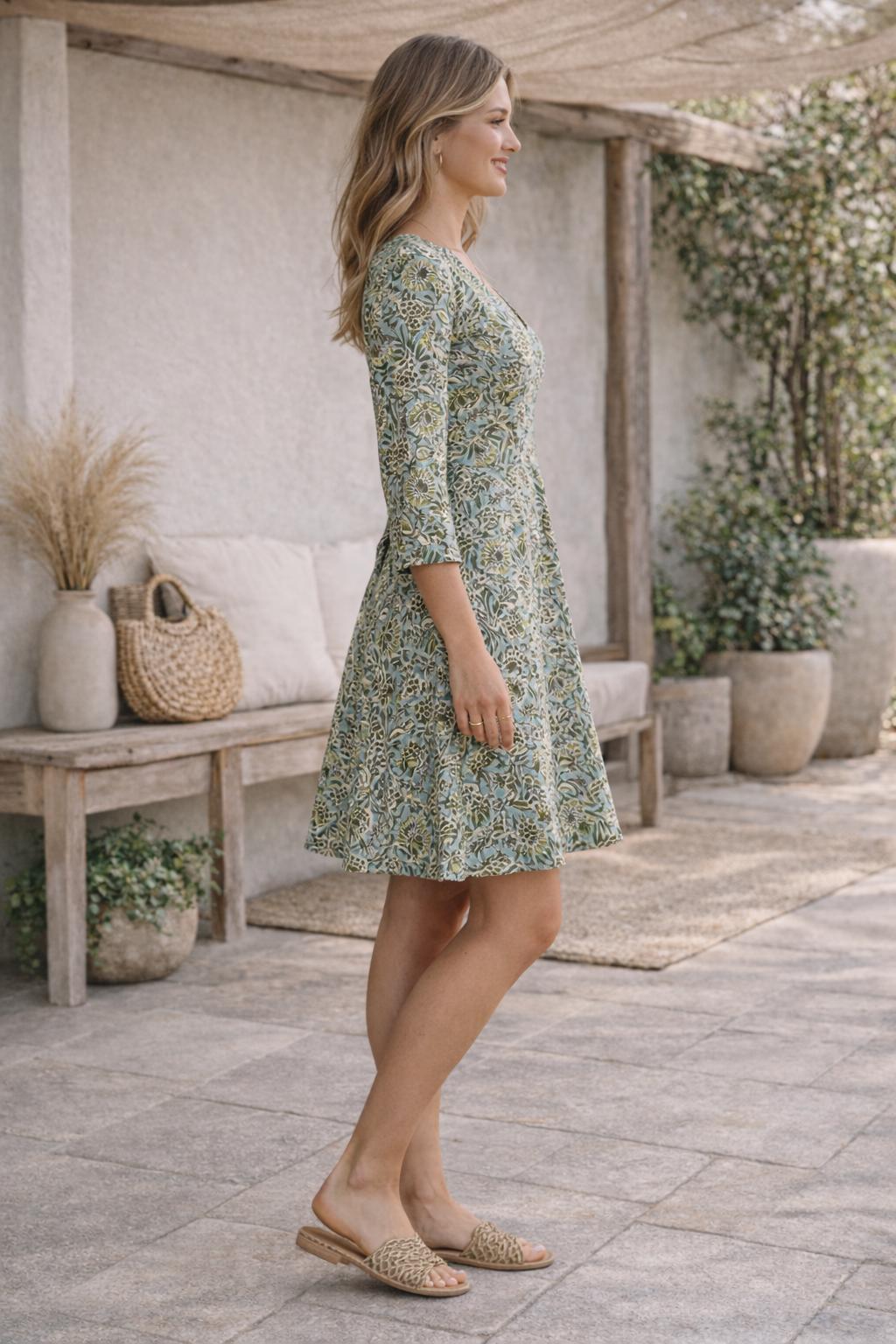 Green Floral Cotton Wrap Dress | Block Print Summer Dress