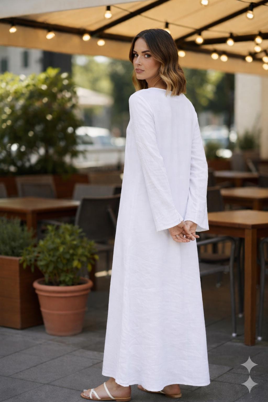 White Linen Kaftan Maxi Dress – Long Sleeve, Relaxed Fit