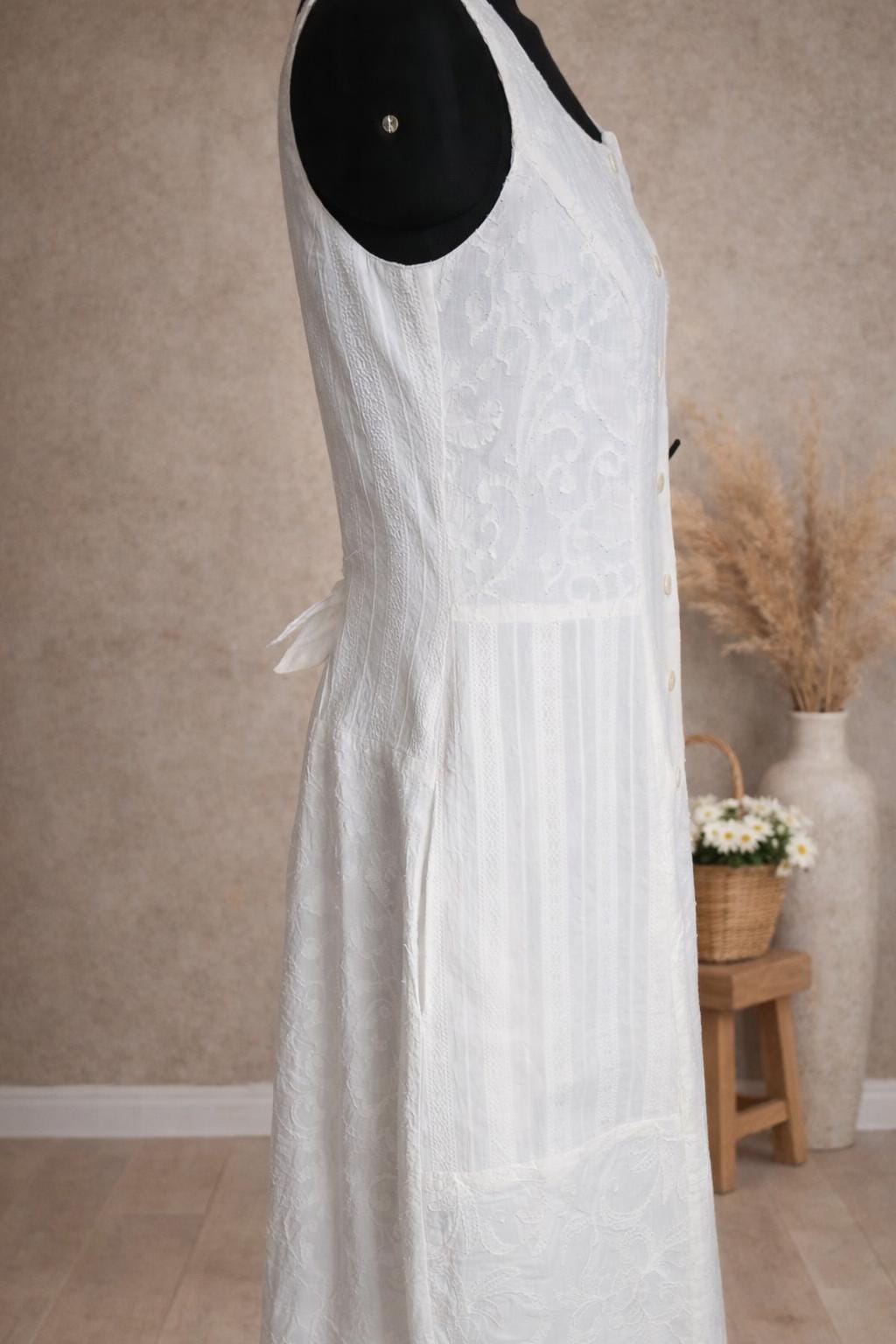 Ivory Whisper – White Cotton Patchwork Midi Dress with Pockets | Sleeveless Button-Down Summer Dress