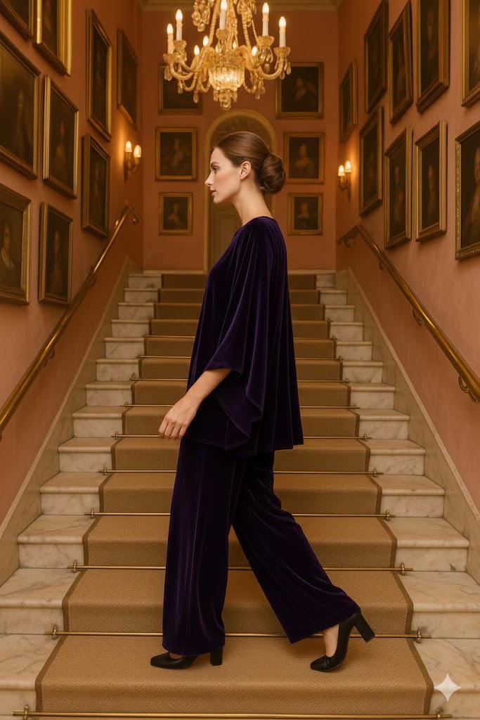 Elegant Poly Velvet Flowy Kaftan and Wide Leg Pants