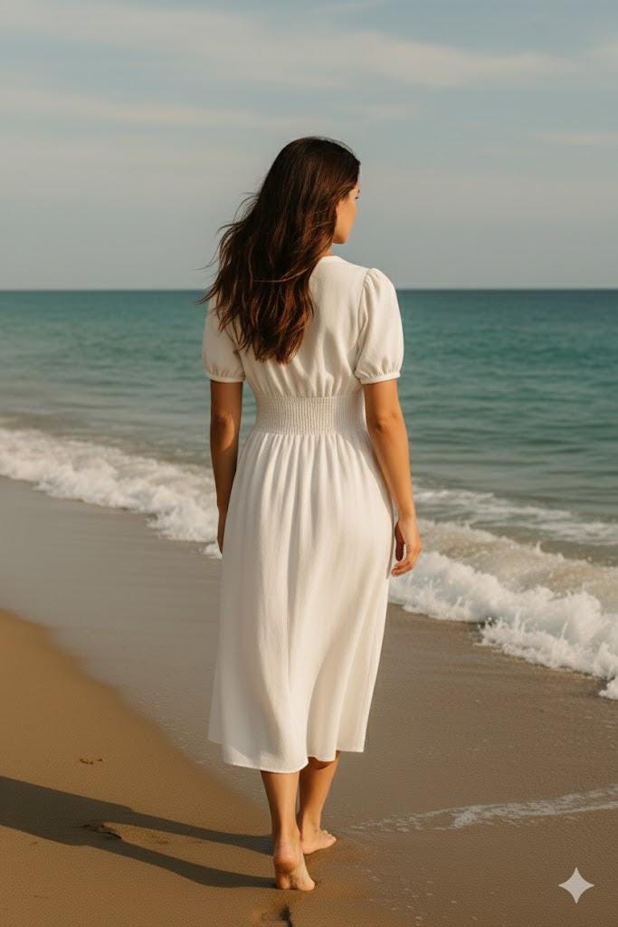 White Natural Linen Midi Dress – Puff Sleeve Summer Outfit