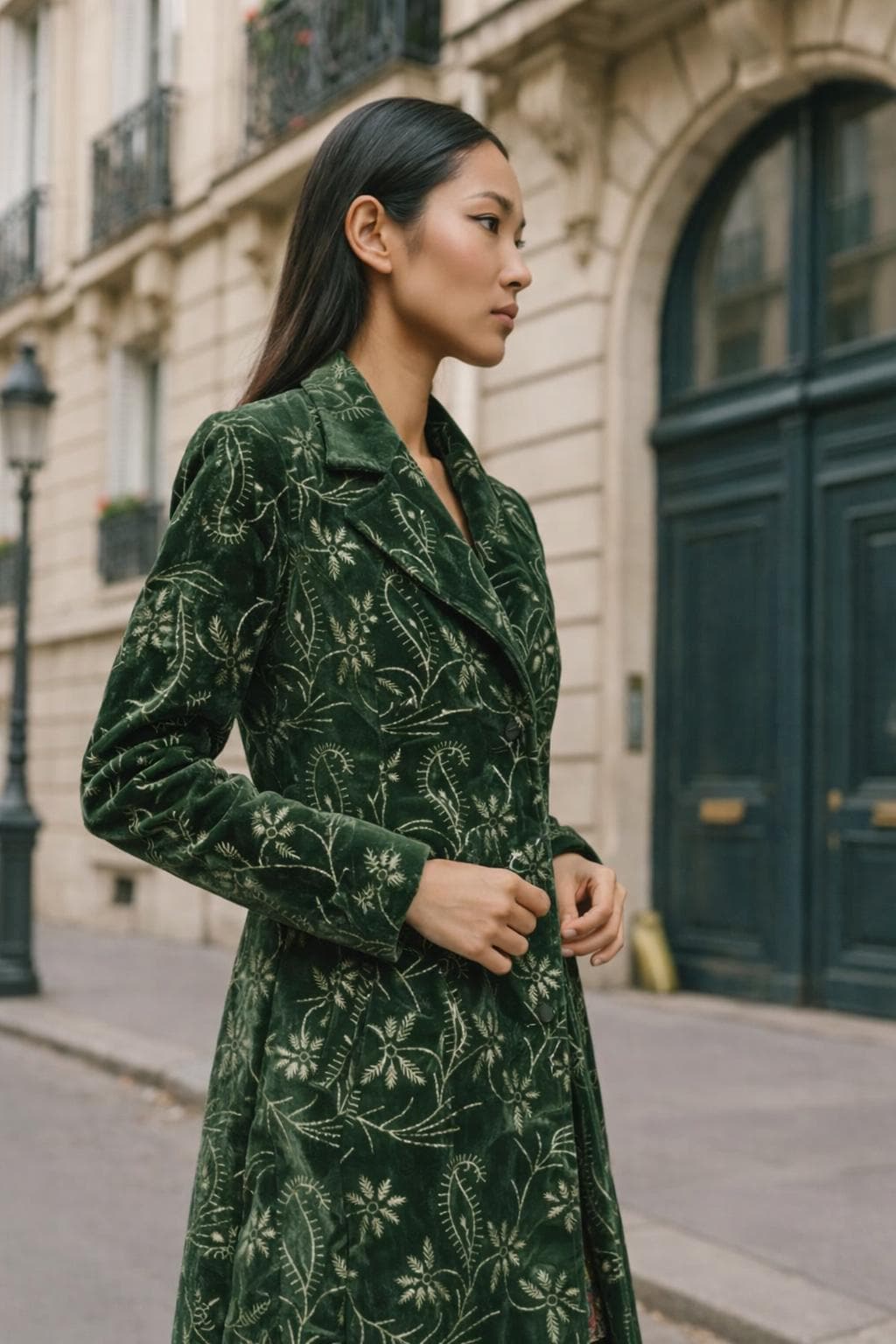 Velvet Long Coat with Silver Floral Embroidery | Black, Dark Green & Maroon | Vintage Inspired Luxury Outerwear