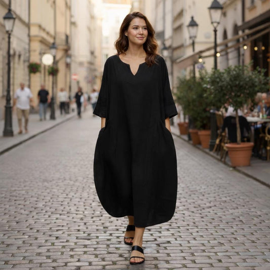 Black Linen Kaftan Dress with Deep Pockets - One Size Relaxed Fit