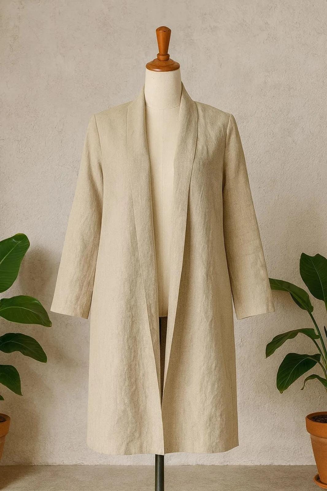 Women's Long Linen Duster Coat, Open Front Minimalist Jacket, Natural Beige Beige